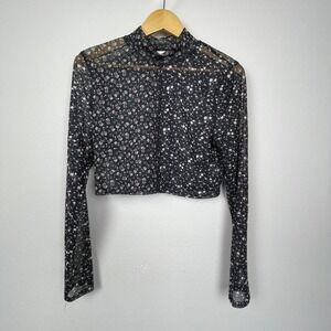 Aeropostale Sheer Crop Top Women's Sz XL Black Floral Mock Neck Long Sleeve‎